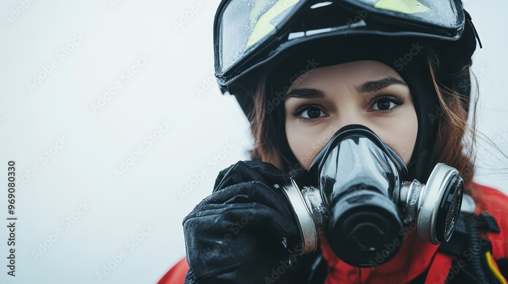 Female firefighter adjusting oxygen mask, preparing for a rescue, white backdrop, Firefighter preparation, emergency readiness Female firefighter adjusting oxygen mask, preparing for a rescue, white backdrop, Firefighter preparation, emergency readiness