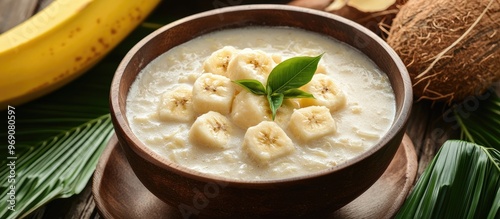 Kolak pisang an Indonesian dessert consists of bananas and sweet potatoes cooked with palm sugar coconut milk and pandan leaves It is served in a white bowl and is very popular during Ramadhan especi photo