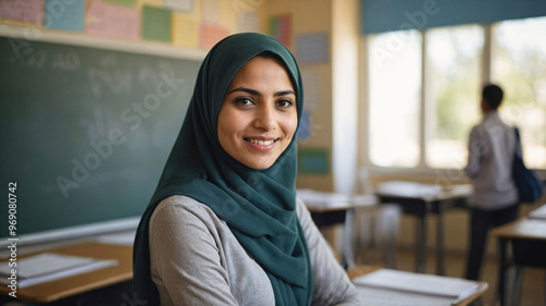 Happy Muslim woman teacher wearing hijab is standing in school classroom with chalkbaord. Arabic woman and school education photo