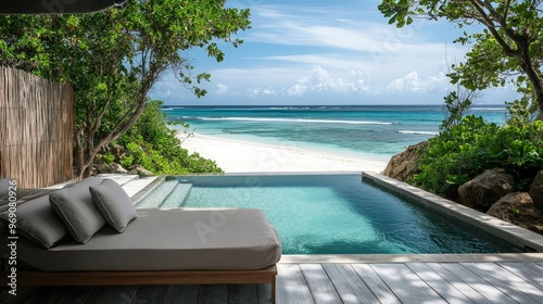 A stunning beach view from a luxurious beachfront villa. The private pool overlooks photo