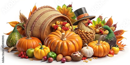 A bounty of autumn hues unfolds with ornate cornucopias overflowing with vibrant vegetables and fruits, surrounded by turkeys, pumpkins, and grateful pilgrims' eager hands. photo