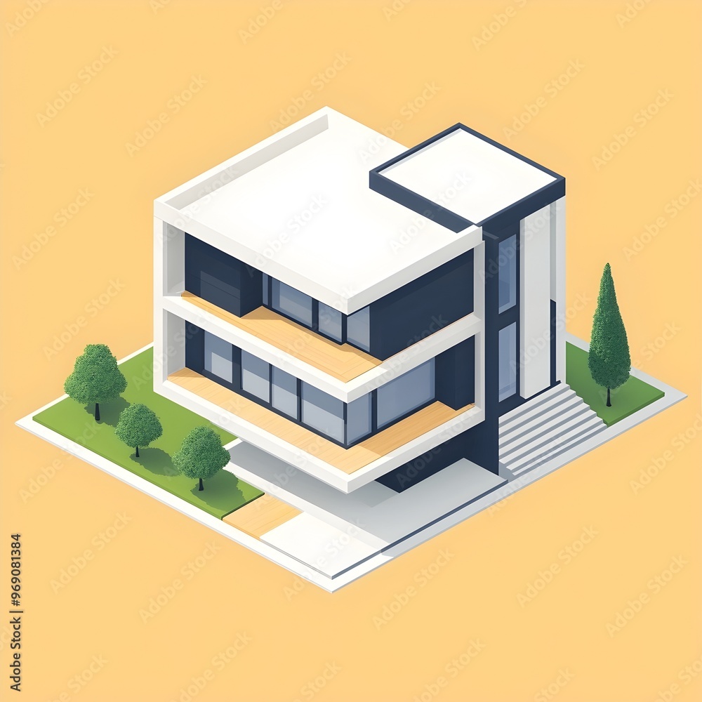Fototapeta premium Contemporary Minimalist 3D Isometric Residential Building Exterior on Solid Background