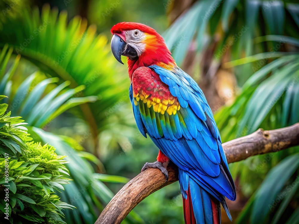 A brilliant blue macaw perches on a branch, its vibrant feathers aflame against the soft focus of surrounding emerald green foliage. A brilliant blue macaw perches on a branch, its vibrant feathers aflame against the soft focus of surrounding emerald green foliage.