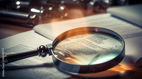 A magnifying glass inspecting a document,