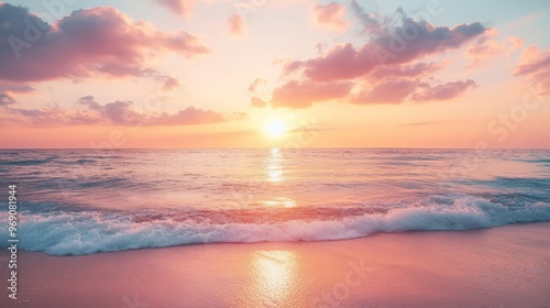 A stunning sunrise over a serene beach, with the sun rising slowly above the horizon.