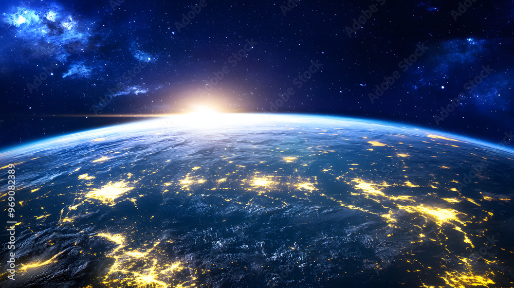 Fototapeta premium Vibrant View of Earth from Space Highlighting Detailed Cloud Patterns and Glowing City Lights, Showcasing the Stunning Beauty of Our Planet in a High-Resolution Display