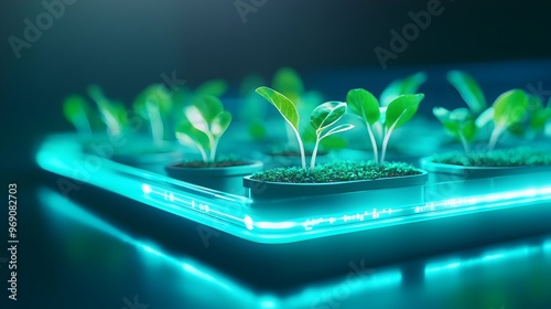 Futuristic Hydroponic Garden with Glowing Eco-Tech Data Readouts