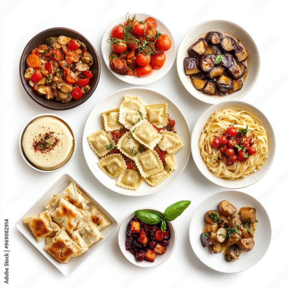 A vibrant array of Italian dishes arranged on a white background, showcasing diverse flavors. A vibrant array of Italian dishes arranged on a white background, showcasing diverse flavors.