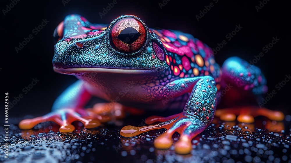 Semiabstract frog with vibrant neon patterns emerging from its skin symbolizing transformation healing and adaptability Semiabstract frog with vibrant neon patterns emerging from its skin symbolizing transformation healing and adaptability