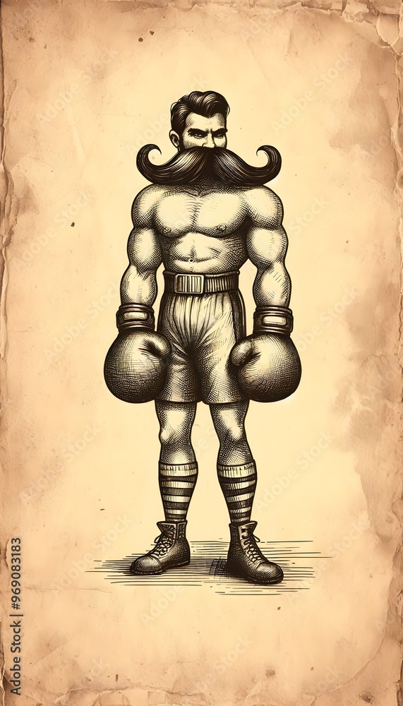 Fototapeta premium Vintage illustration of a boxer with a big mustache