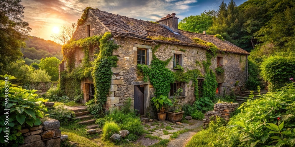 A centuries-old stone house stands, its weathered facade bearing witness to time's passage and secrets whispered by the overgrown gardens. A centuries-old stone house stands, its weathered facade bearing witness to time's passage and secrets whispered by the overgrown gardens.