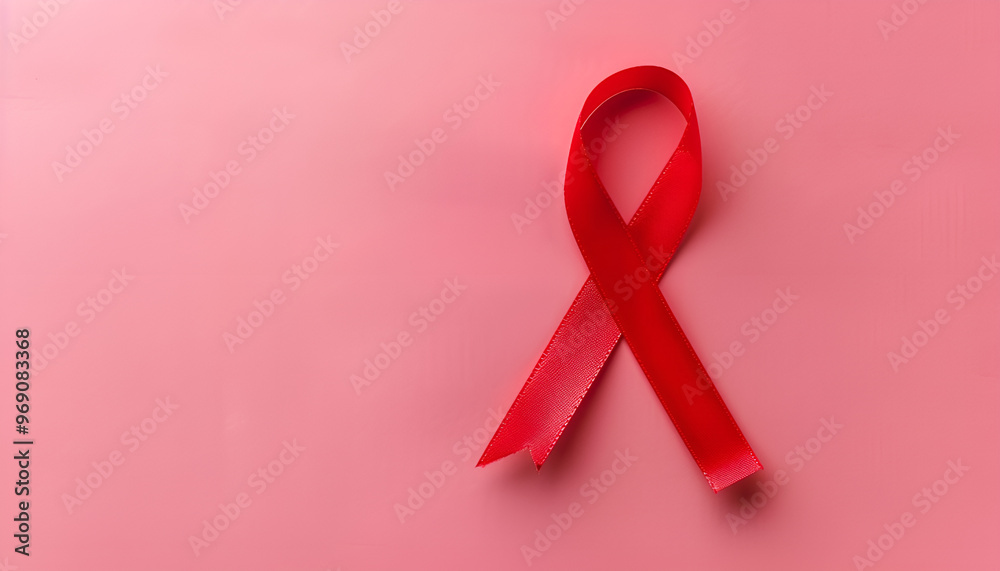 Red ribbon on color background, top view. Cancer awareness Red ribbon on color background, top view. Cancer awareness