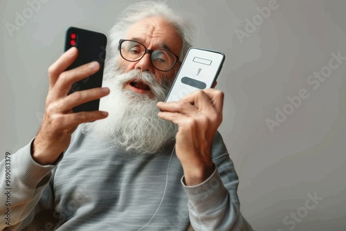 Senior man refuses to answer to a call from unknown number. Scam and fraud prevention with smartphone concept. Scam and fraud prevention concept.