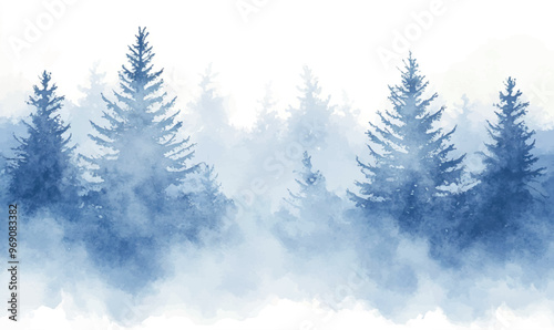Smooth watercolor transitions of white and gray tones, creating the effect of soft winter fog that wraps around everything