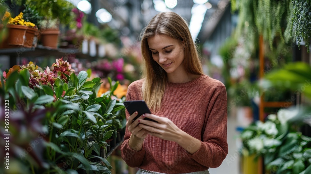 Female shopper selecting a plant while browsing on her phone in a garden center Female shopper selecting a plant while browsing on her phone in a garden center