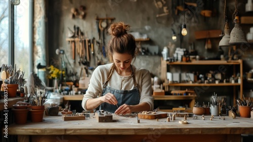 Female jeweler crafting handmade jewelry in a workshop filled with tools and natural light