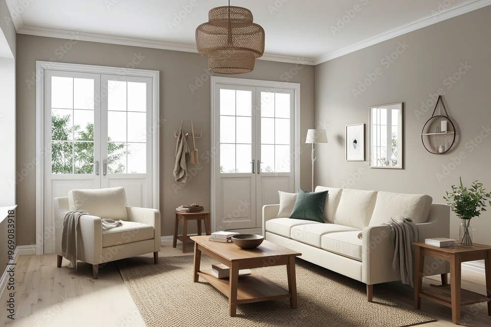 Fototapeta premium Scandinavian Family Room 3D Design with Cream Sofa Oak Coffee Table and Minimalist Decor in Bright Lighting