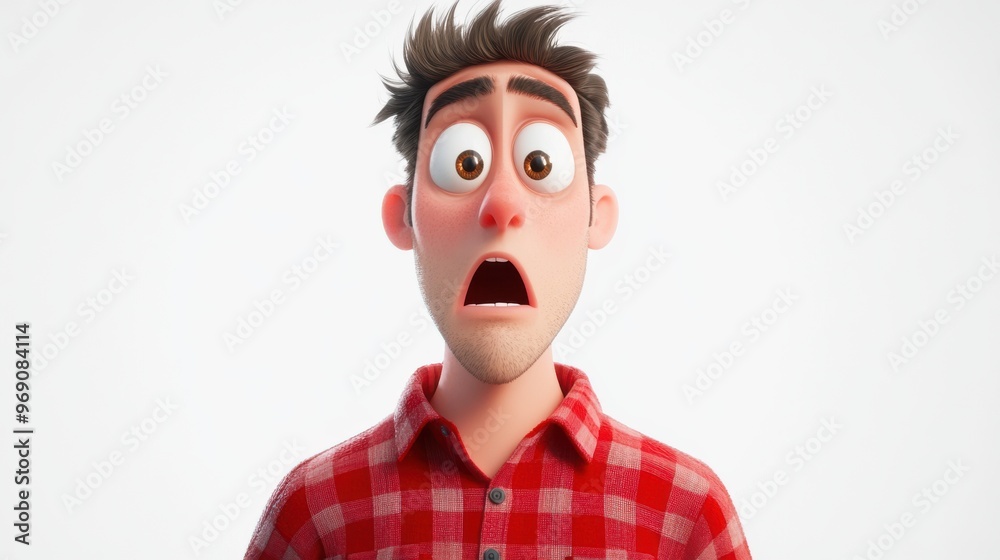 3D character close up portrait of a shocked white man in a red flannel shirt, with wide eyes and raised eyebrows, on a white backdrop, cartoon style, in the style of 3D design 3D character close up portrait of a shocked white man in a red flannel shirt, with wide eyes and raised eyebrows, on a white backdrop, cartoon style, in the style of 3D design