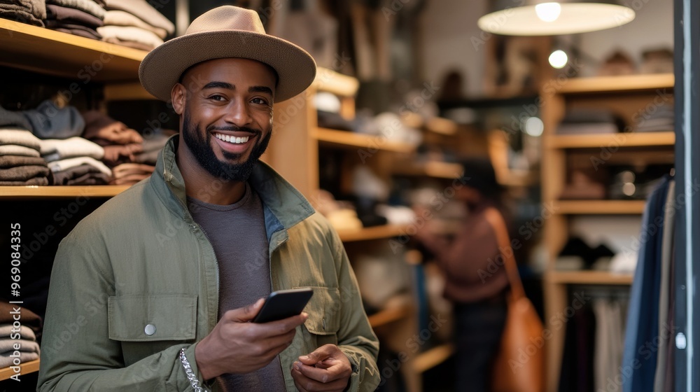 Stylish man smiling while browsing fashion items in a trendy clothing store during the day Stylish man smiling while browsing fashion items in a trendy clothing store during the day
