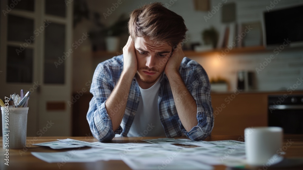 A young man anxiously contemplates his finances at a kitchen table surrounded by bills and paperwork A young man anxiously contemplates his finances at a kitchen table surrounded by bills and paperwork