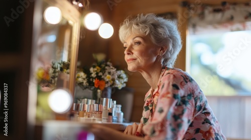Senior woman applying makeup in a cozy setting with soft lighting and floral decor