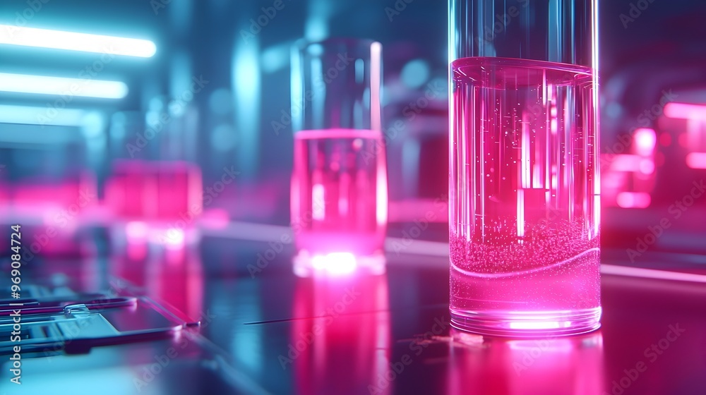 Neon-lit Biotech Lab with Glowing Bio Samples in Dark Sterile Environment