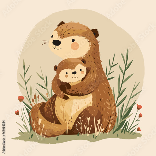 A mother bear is holding her baby bear in her arms. The scene is peaceful and heartwarming, showing the bond between a mother and her child