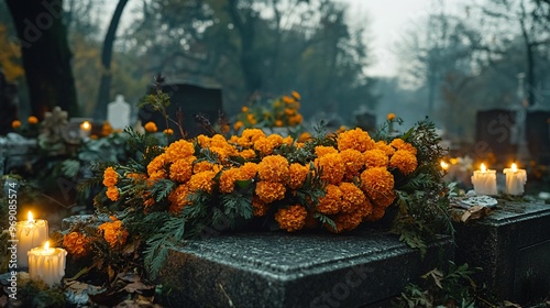 Wallpaper Mural Graves on cemetery with marigolds and candles Torontodigital.ca