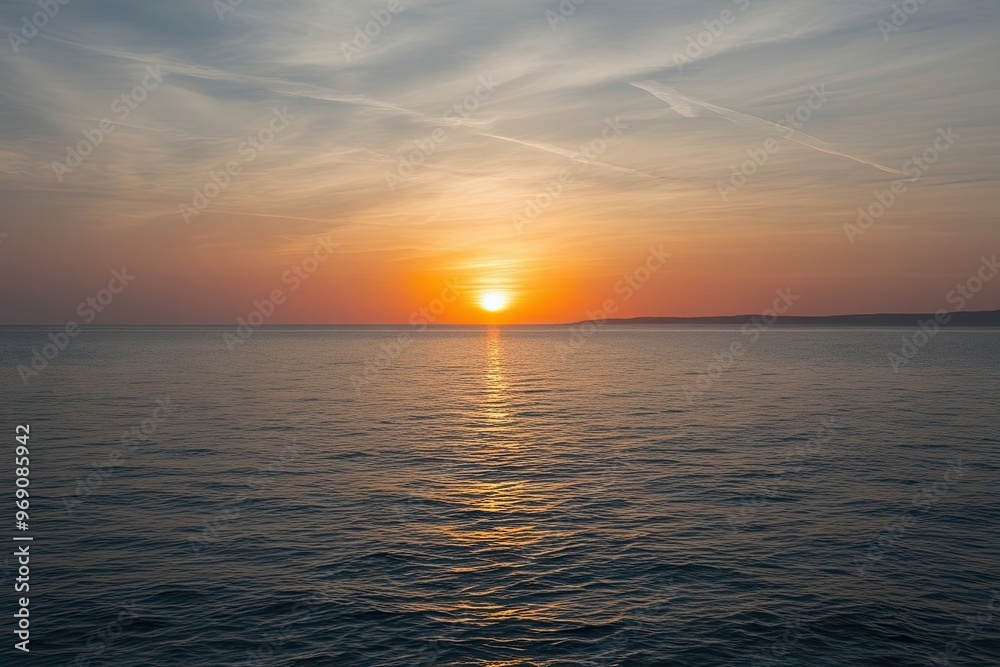 Fototapeta premium Sunset Over the Sea Isolated on White Background with Scenic Horizon and Tranquil Water
