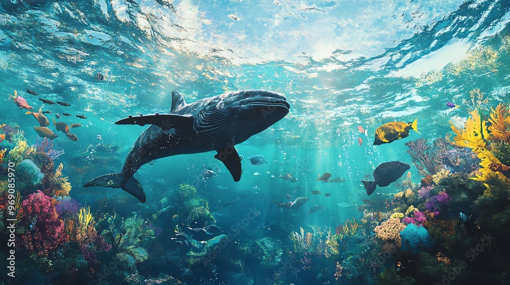 Fototapeta premium A majestic whale swims gracefully among vibrant coral reefs and colorful fish in a stunning underwater scene.