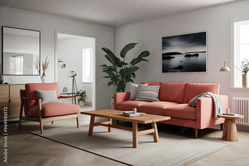 3D Visualization of a Scandinavian Living Room with a Coral Sofa, Cedar Coffee Table, and Minimalist Design Elements 3D Visualization of a Scandinavian Living Room with a Coral Sofa, Cedar Coffee Table, and Minimalist Design Elements