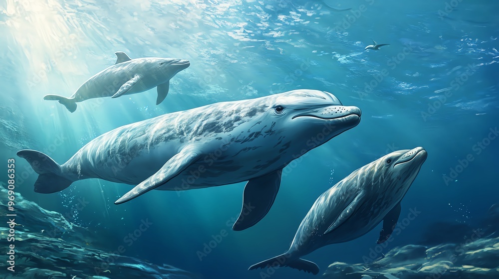 Obraz premium A serene underwater scene featuring whales and dolphins swimming gracefully in a tranquil ocean environment.