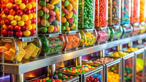 A colorful metallic vending machine dispenses a sweet treat selection, including gummy bears, sour candies, and wrapped chocolates, through a glass front. photo