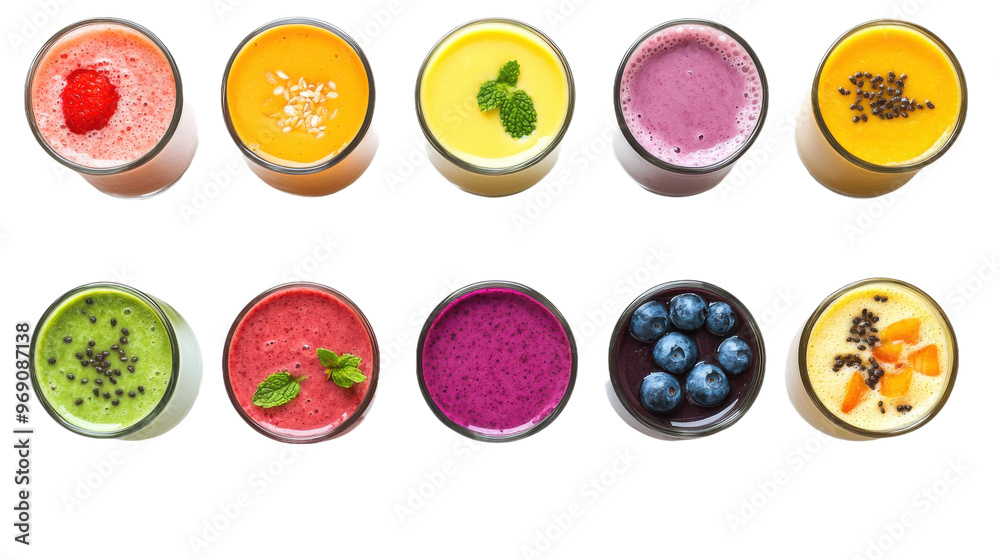Big set of various smoothies, top view, isolated on transparent background, healthy drink assortment Big set of various smoothies, top view, isolated on transparent background, healthy drink assortment