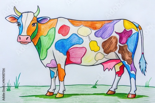 A cow's features are marked on a white sheet with colorful shapes and lines, outlining the animal's body, head, ears, and legs. photo