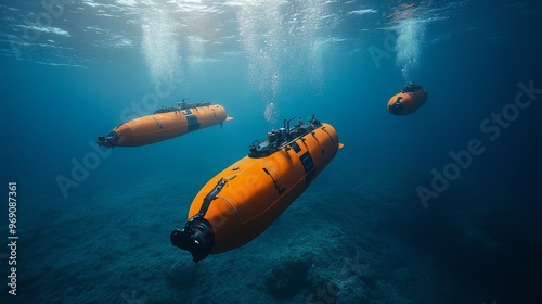 Autonomous AI-powered submarines mapping the ocean for scientific research: Underwater drones scanning the sea floor and collecting data on marine ecosystems and geology.