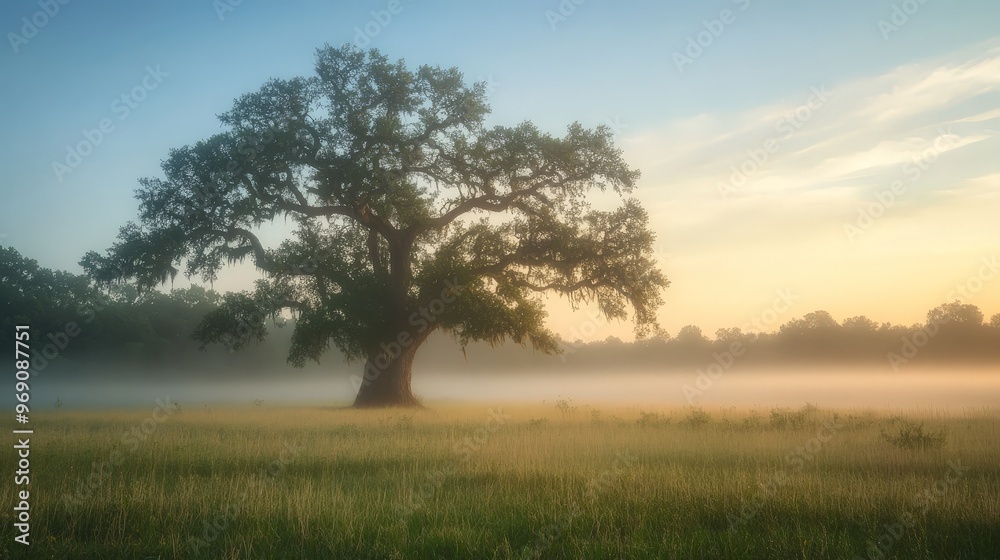 A tranquil scene of a large, old oak tree in a misty morning meadow. The fog wraps around A tranquil scene of a large, old oak tree in a misty morning meadow. The fog wraps around