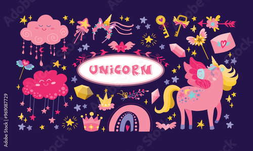 Big vector unicorn princess stickers set. Fairytale patch icon collection with funny fairy unicorn, rainbow, clouds, falling star. Cute flat magic fantasy world illustrations on blue background
