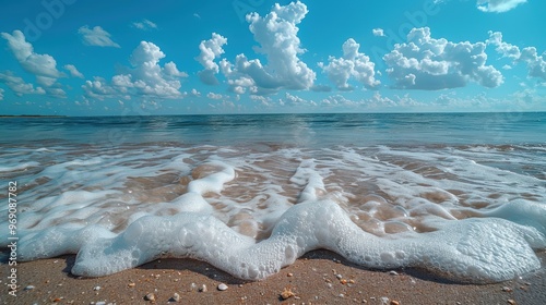 Serene Coastal Escape, gentle waves lap at the shore under a clear blue sky, soft sand stretches invitingly, creating a tranquil atmosphere for relaxation and reflection. photo