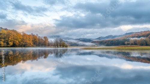 A tranquil scene of low, rolling clouds drifting over a calm, autumn landscape. The clouds are light and gentle, adding to the peaceful and reflective mood of the scene.