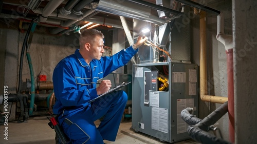 HVAC Technician Inspecting Furnace in Dimly Lit Basement photo