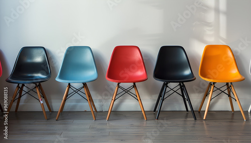 Many chairs near white wall in waiting area indoors