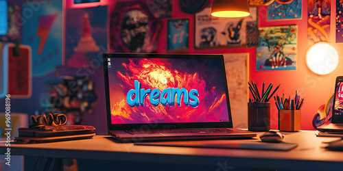 A brightly lit desk, with a laptop showing "dreams" and colorful motivational posters hanging nearby.