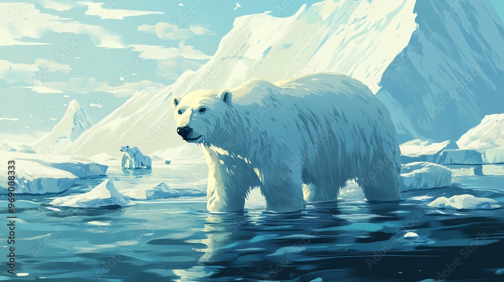 Naklejka premium An elegant polar bear standing on ice, surrounded by a serene Arctic landscape. A stunning depiction of wildlife in its natural habitat.