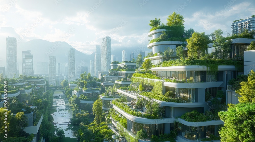 Obraz premium Futuristic city with AI-managed waste-free environmental systems: A clean, high-tech city where waste is automatically converted into energy or resources.
