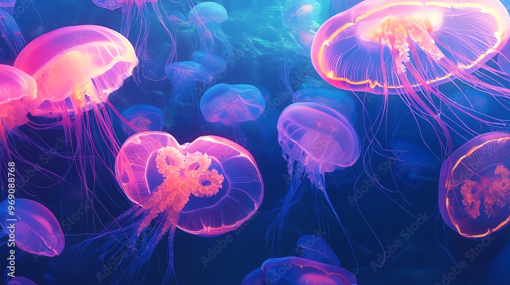 Enchanting underwater scene showcasing vibrant jellyfish floating gracefully against a deep blue backdrop. Enchanting underwater scene showcasing vibrant jellyfish floating gracefully against a deep blue backdrop.