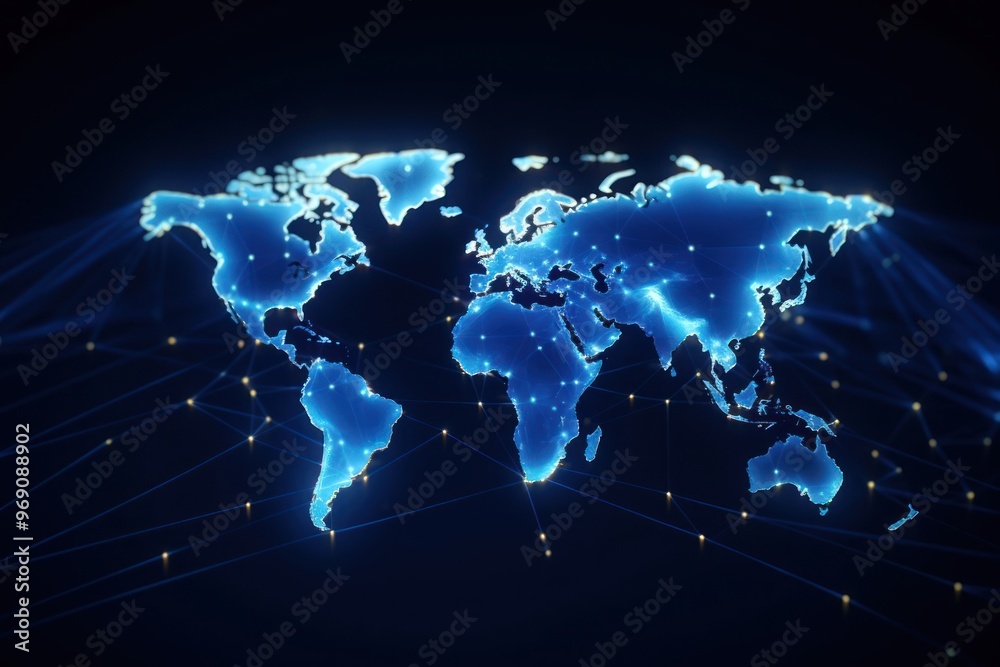 Digital world network technology glowing blue. Digital world network technology glowing blue.