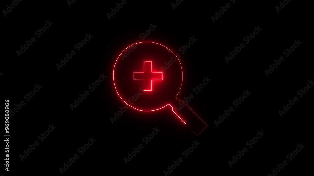 Neon magnifying glass search icon with neon plus icon animation on a black background, Abstract red symbol icon of zoom in button Neon magnifying glass search icon with neon plus icon animation on a black background, Abstract red symbol icon of zoom in button