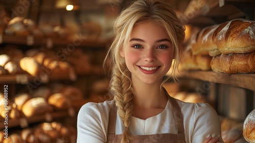 cheerful blond bakery employee standing in front of fresh bread shelves in a bakery shop, smiling and spreading happiness while serving customers delicious bread and pastries