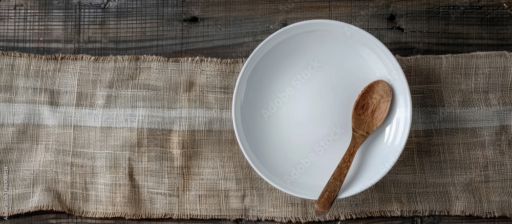 Empty white plate with spoon and fork on a burlap background. with copy space image. Place for adding text or design Empty white plate with spoon and fork on a burlap background. with copy space image. Place for adding text or design